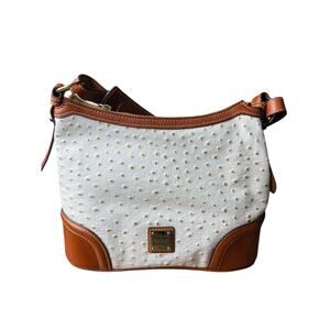 Dooney & Bourke Ostrich Collection Hobo Bag White Ivory Leather Brown Trim
